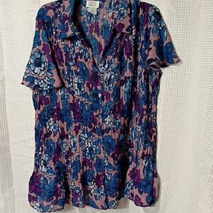 Only Necessities Floral Pleated Short-Sleeve Blouse in Pink, Blue & Purple